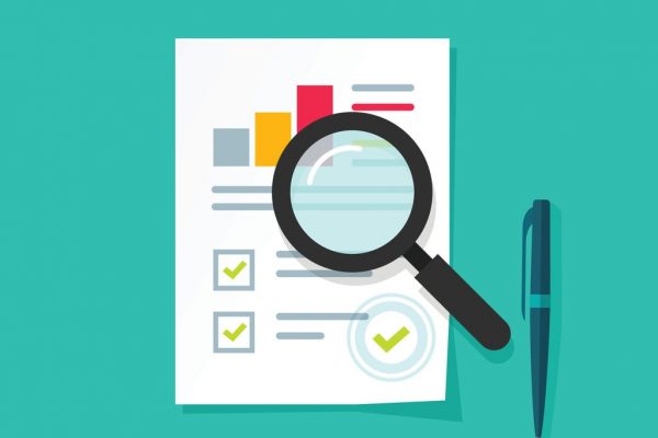 Analytics Data Research Icon Vector, Analysis On Paper Sheet Document Via Magnifier, Statistics Result With Growth Graph Chart Analyze, Analyzing, Audit Verification Process, Report Check, Flat Style